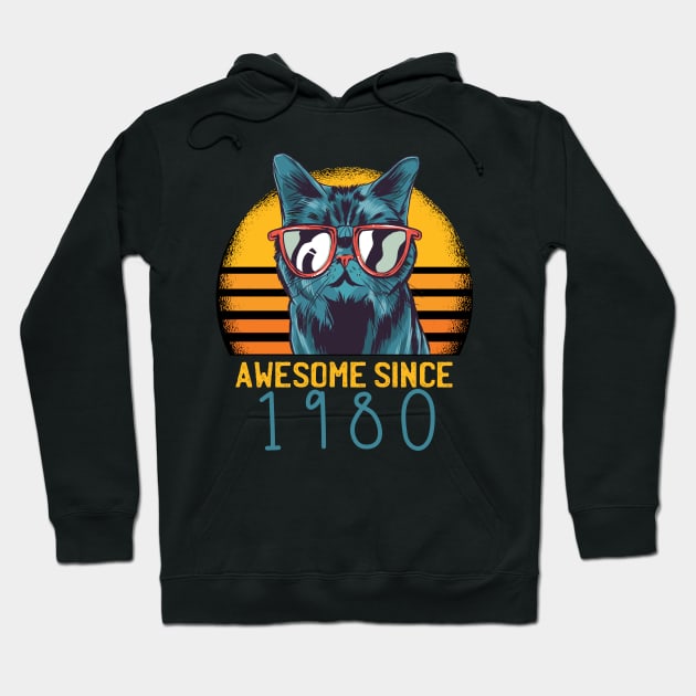 Awesome Since 1980 40th Birthday Black Cat Kitten Vintage Retro Animal Gifts Hoodie by gillys